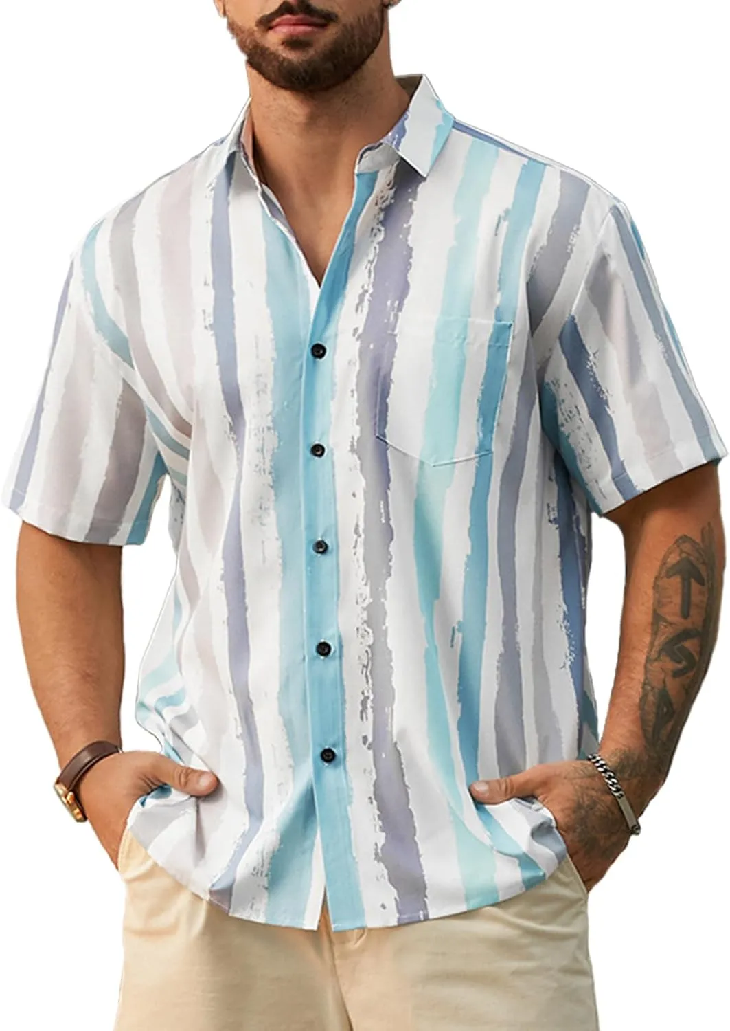 Hardaddy Men's Striped Shirts Casual Short Sleeve Button Down Summer Hawaiian Shirts