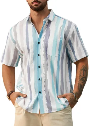 Hardaddy Men's Striped Shirts Casual Short Sleeve Button Down Summer Hawaiian Shirts
