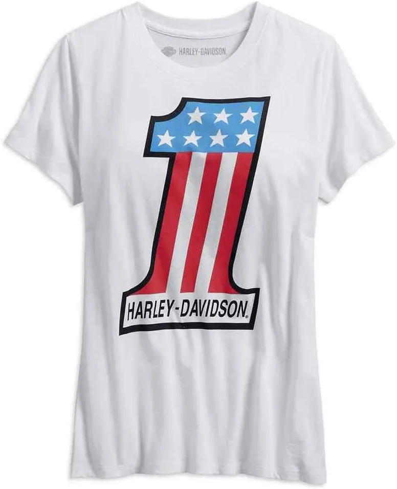Harley-Davidson Women's Retro #1 Short Sleeve Scoop Neck Tee, White 99238-19VW