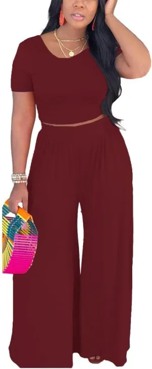 HBQ Two Piece Outfits For Women Casual Sweat Suits Backless Short Sleeve Crop Tops Wide Leg Pants Lounge Sets Tracksuit