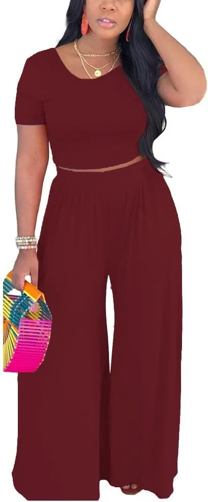 HBQ Two Piece Outfits For Women Casual Sweat Suits Backless Short Sleeve Crop Tops Wide Leg Pants Lounge Sets Tracksuit
