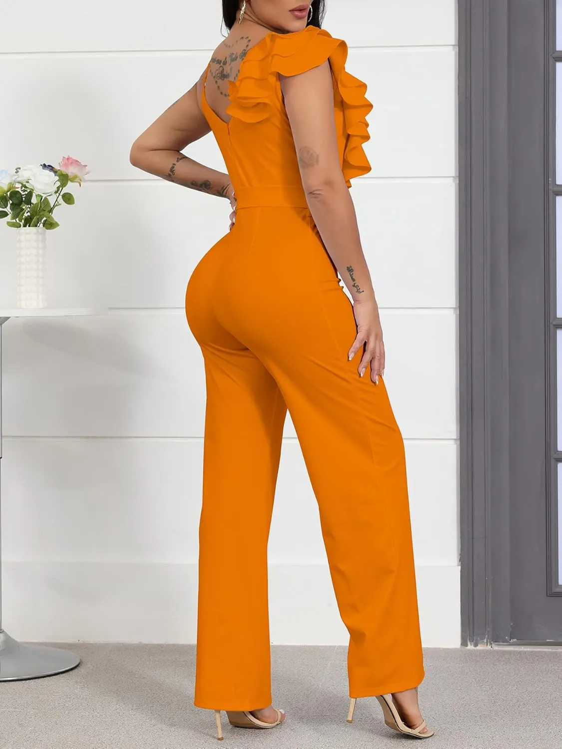 HBQ Womens Casual One Piece Jumpsuits V-Neck Sleeveless Ruffle Elegant Romper Wide Leg Pant Sexy Party Clubwear Overalls