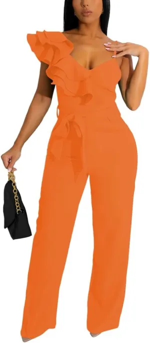 HBQ Womens Casual One Piece Jumpsuits V-Neck Sleeveless Ruffle Elegant Romper Wide Leg Pant Sexy Party Clubwear Overalls