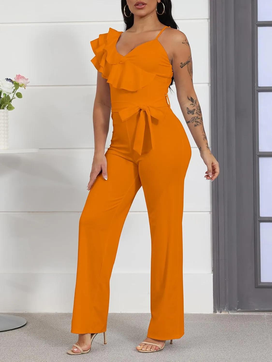 HBQ Womens Casual One Piece Jumpsuits V-Neck Sleeveless Ruffle Elegant Romper Wide Leg Pant Sexy Party Clubwear Overalls
