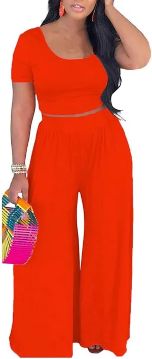 HBQ Women's Two Piece Outfits Casual Sweatsuits Backless Short Sleeve Crop Tops Wide Leg Pants Lounge Sets Tracksuit-Orange-XXL