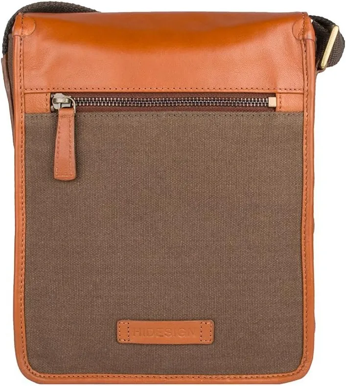 Hidesign Aiden Genuine Leather and Canvas Mini Crossbody Men/Women Messenger Bag / Travel Bag / 10.5" iPad Bag, Tan