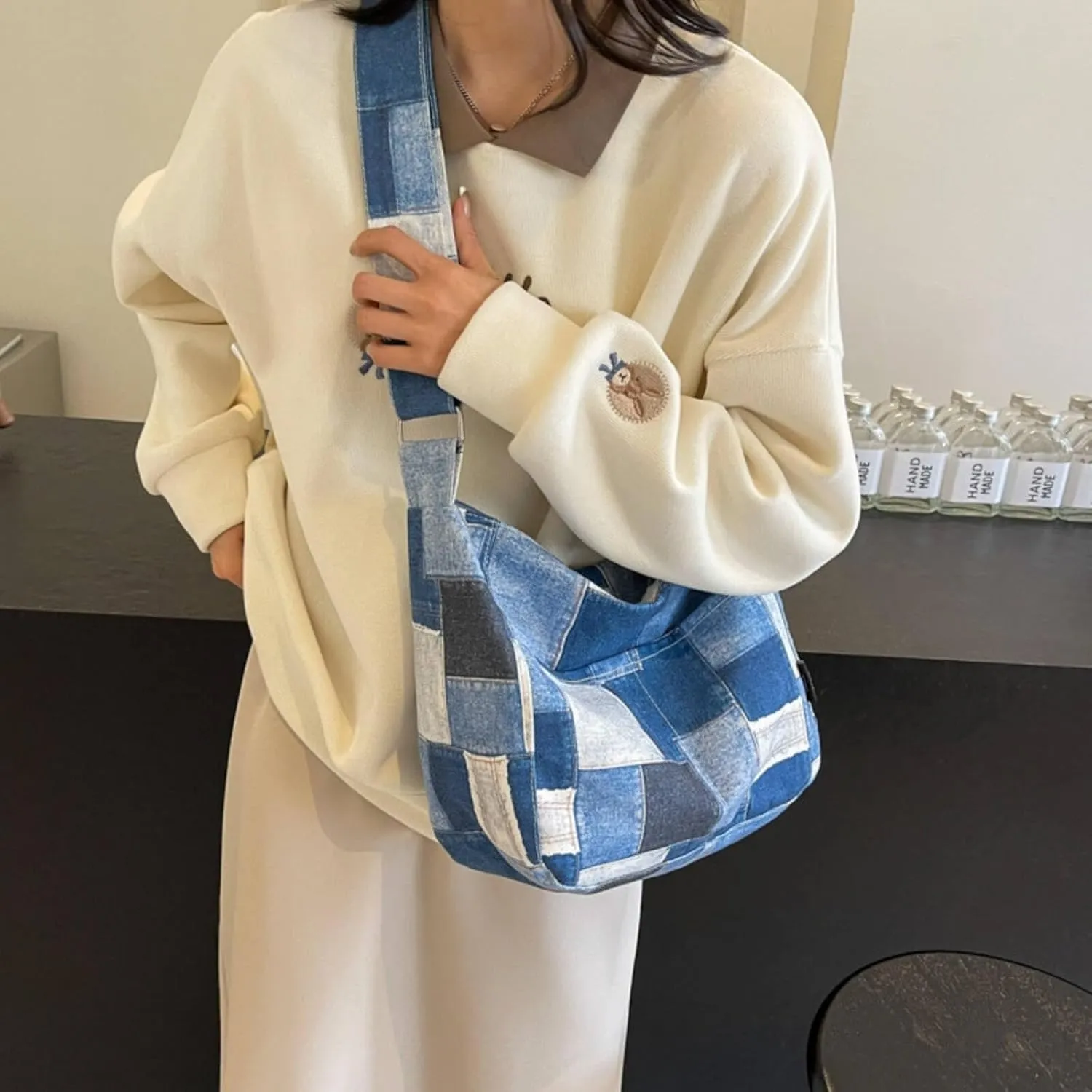 Hippie Crossbody Bags for Women 2024, Y2K Denim Messenger Tote Bag, Canvas Shoulder Boho Purse for Casual Travel