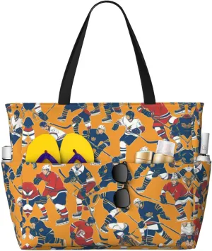 Hockey Print Stylish Beach Tote Bag,Large Capacity Handbag,Perfect For Women'S Vacation And Daily Use