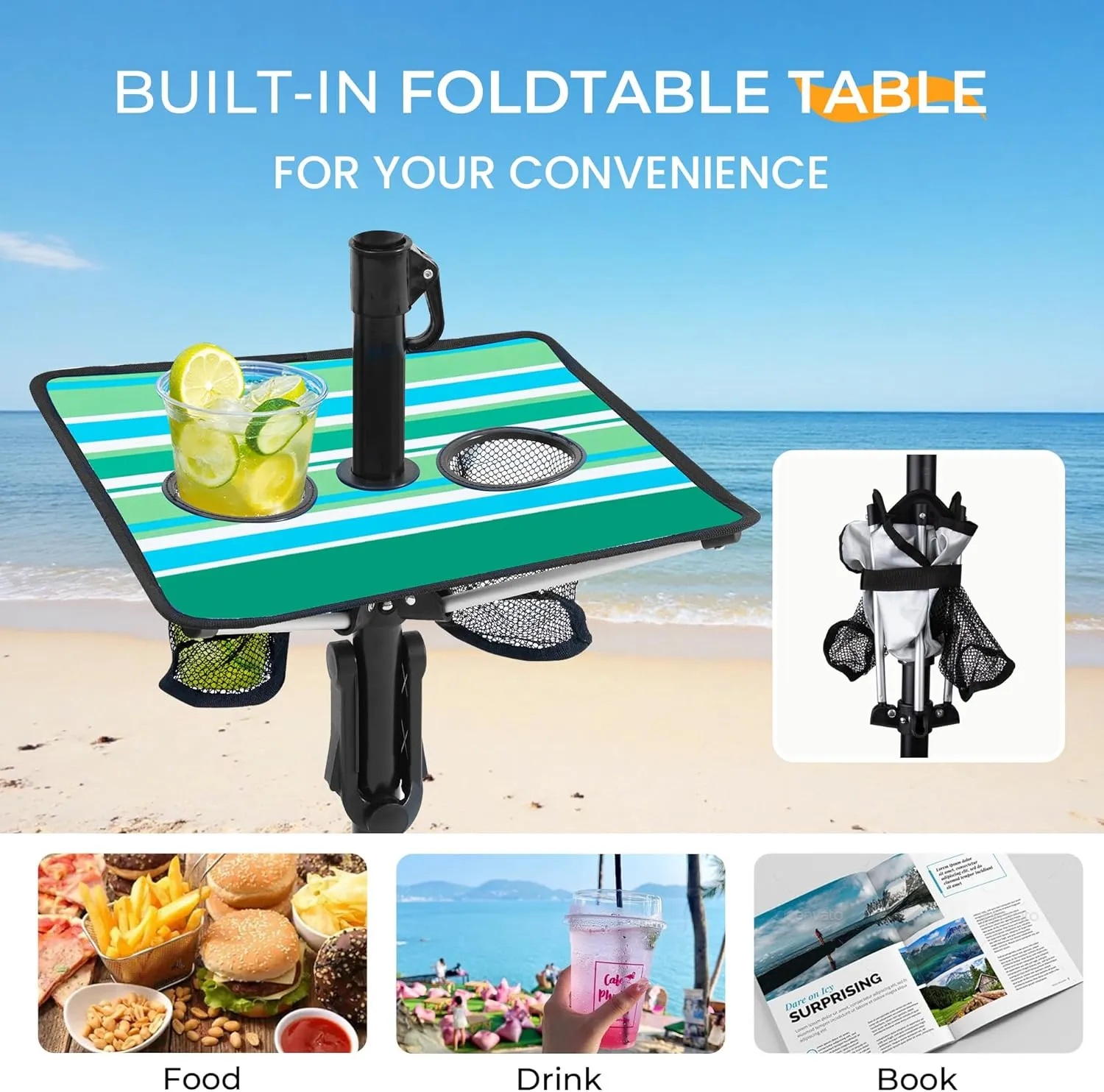 HOMEDEMO 7ft Beach Umbrellas For Sand Heavy Duty Wind, Portable Beach Umbrella UPF 50  Windproof Outdoor Beach Umbrella with Sand Anchor, Tilt Pole, Carry Bag, Table Tray, Vent and Hook