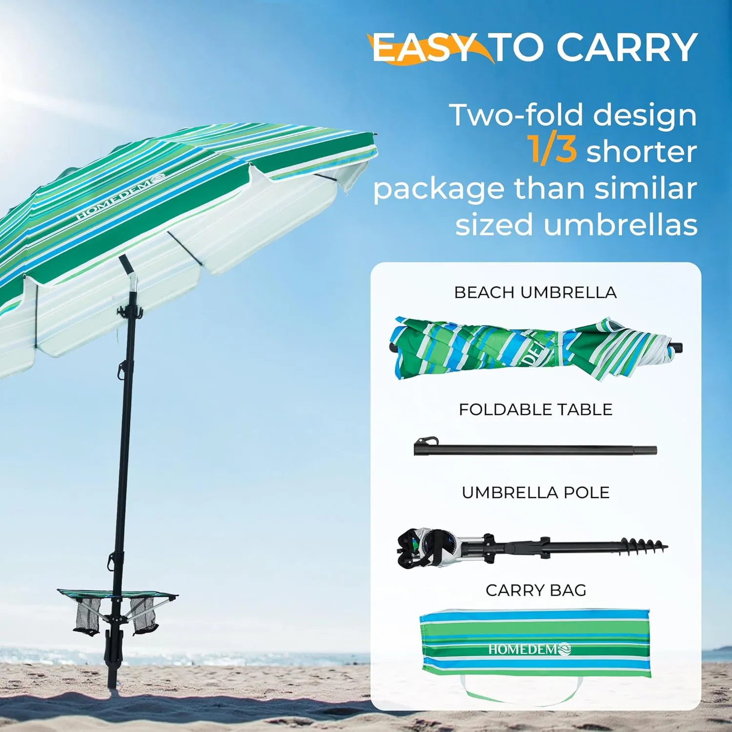 HOMEDEMO 7ft Beach Umbrellas For Sand Heavy Duty Wind, Portable Beach Umbrella UPF 50  Windproof Outdoor Beach Umbrella with Sand Anchor, Tilt Pole, Carry Bag, Table Tray, Vent and Hook