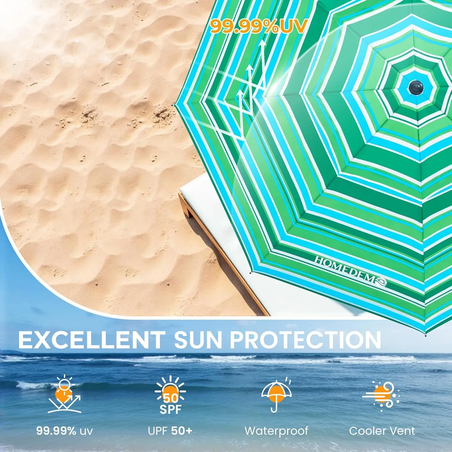 HOMEDEMO 7ft Beach Umbrellas For Sand Heavy Duty Wind, Portable Beach Umbrella UPF 50  Windproof Outdoor Beach Umbrella with Sand Anchor, Tilt Pole, Carry Bag, Table Tray, Vent and Hook