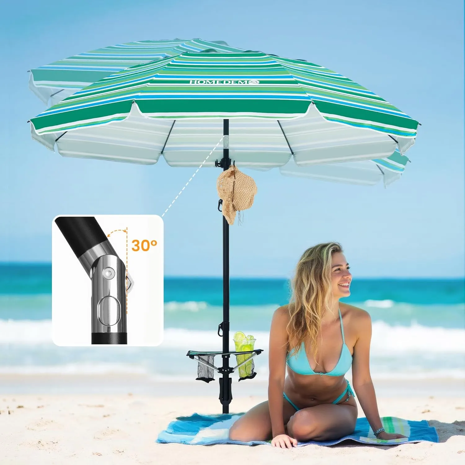 HOMEDEMO 7ft Beach Umbrellas For Sand Heavy Duty Wind, Portable Beach Umbrella UPF 50  Windproof Outdoor Beach Umbrella with Sand Anchor, Tilt Pole, Carry Bag, Table Tray, Vent and Hook