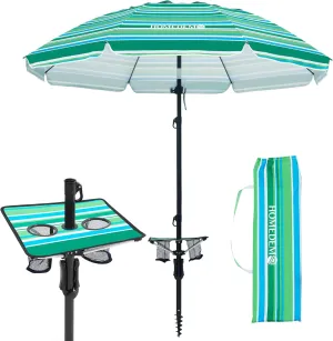 HOMEDEMO 7ft Beach Umbrellas For Sand Heavy Duty Wind, Portable Beach Umbrella UPF 50  Windproof Outdoor Beach Umbrella with Sand Anchor, Tilt Pole, Carry Bag, Table Tray, Vent and Hook