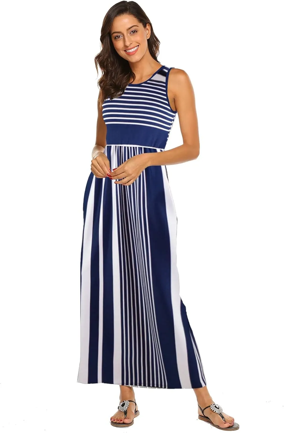 Hount Women's Summer Sleeveless Striped Flowy Casual Long Maxi Dress with Pockets