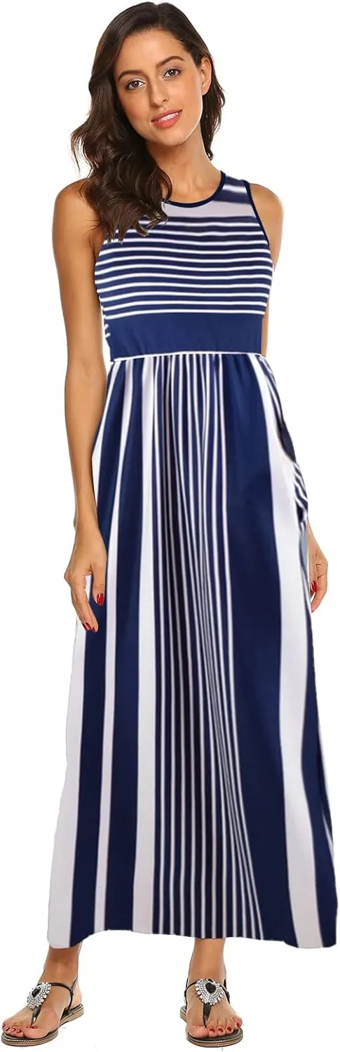 Hount Women's Summer Sleeveless Striped Flowy Casual Long Maxi Dress with Pockets
