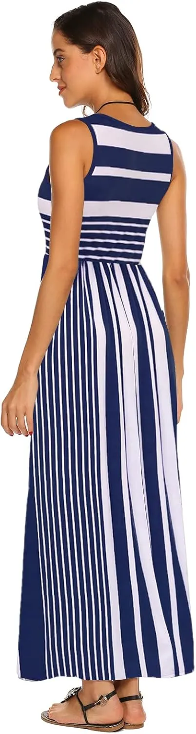 Hount Women's Summer Sleeveless Striped Flowy Casual Long Maxi Dress with Pockets