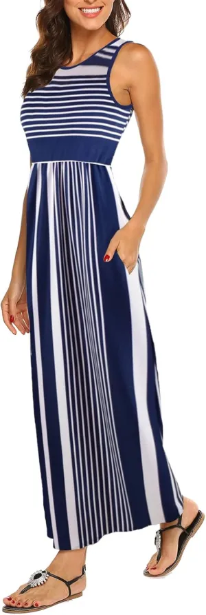 Hount Women's Summer Sleeveless Striped Flowy Casual Long Maxi Dress with Pockets