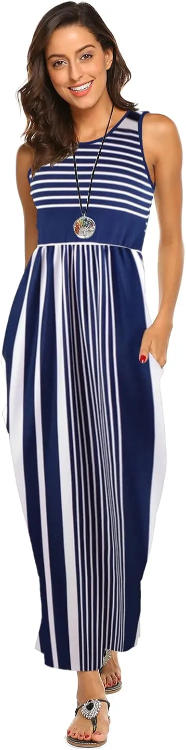 Hount Women's Summer Sleeveless Striped Flowy Casual Long Maxi Dress with Pockets