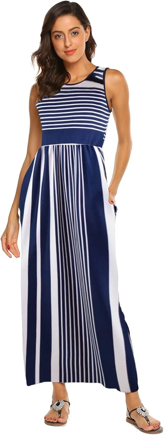 Hount Women's Summer Sleeveless Striped Flowy Casual Long Maxi Dress with Pockets