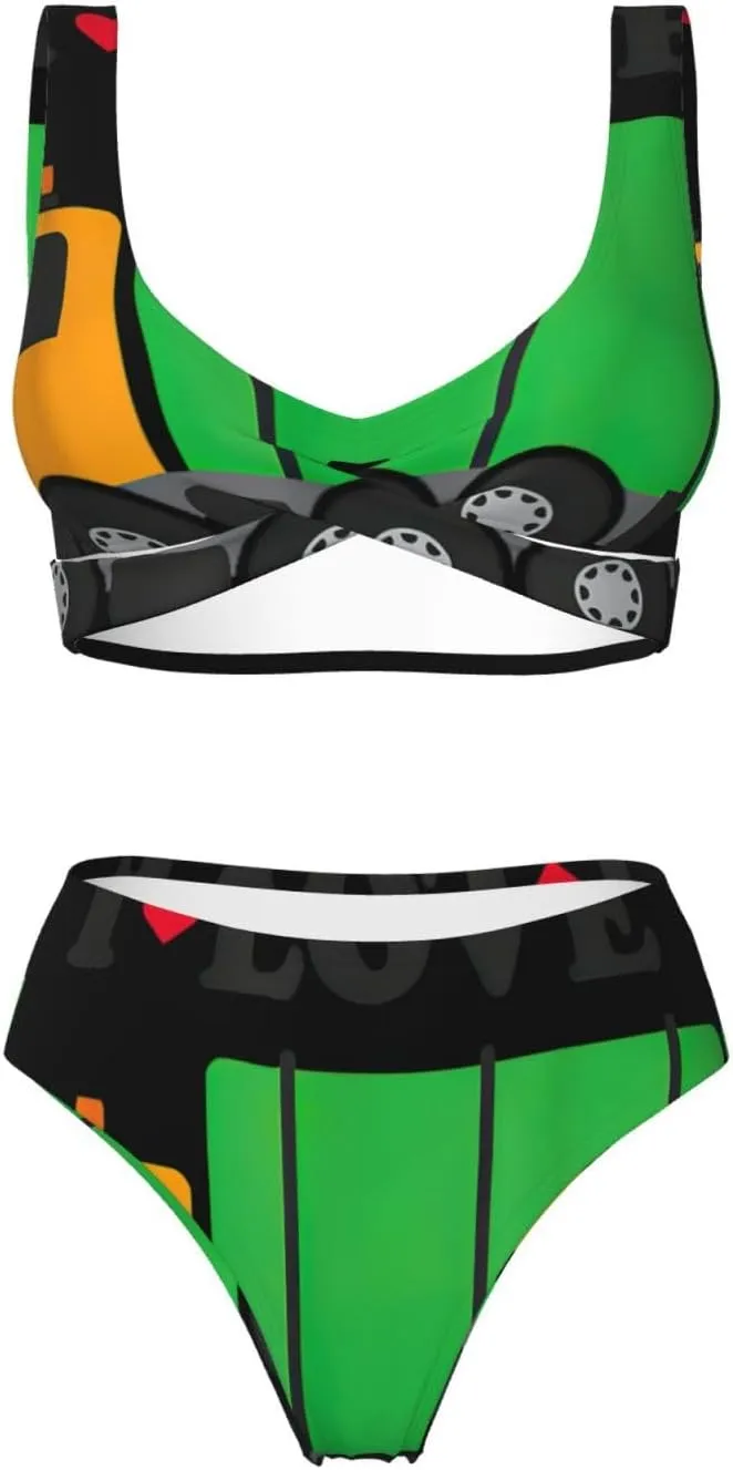 I Love Garbage Trucks Print Women's High Waisted Sport Bathing Suits Bikini Sets Sexy Push Up Two Piece Swimsuits
