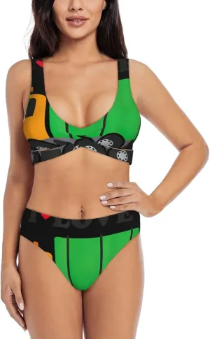 I Love Garbage Trucks Print Women's High Waisted Sport Bathing Suits Bikini Sets Sexy Push Up Two Piece Swimsuits