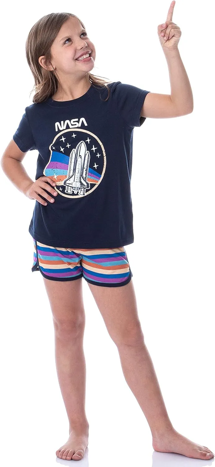 INTIMO NASA Girls' Retro Stripes Rocket Sleep Pajama Set Shorts Crewneck