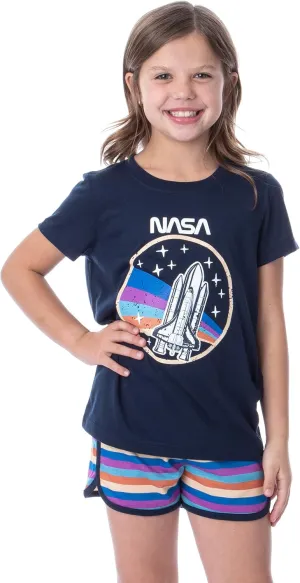 INTIMO NASA Girls' Retro Stripes Rocket Sleep Pajama Set Shorts Crewneck