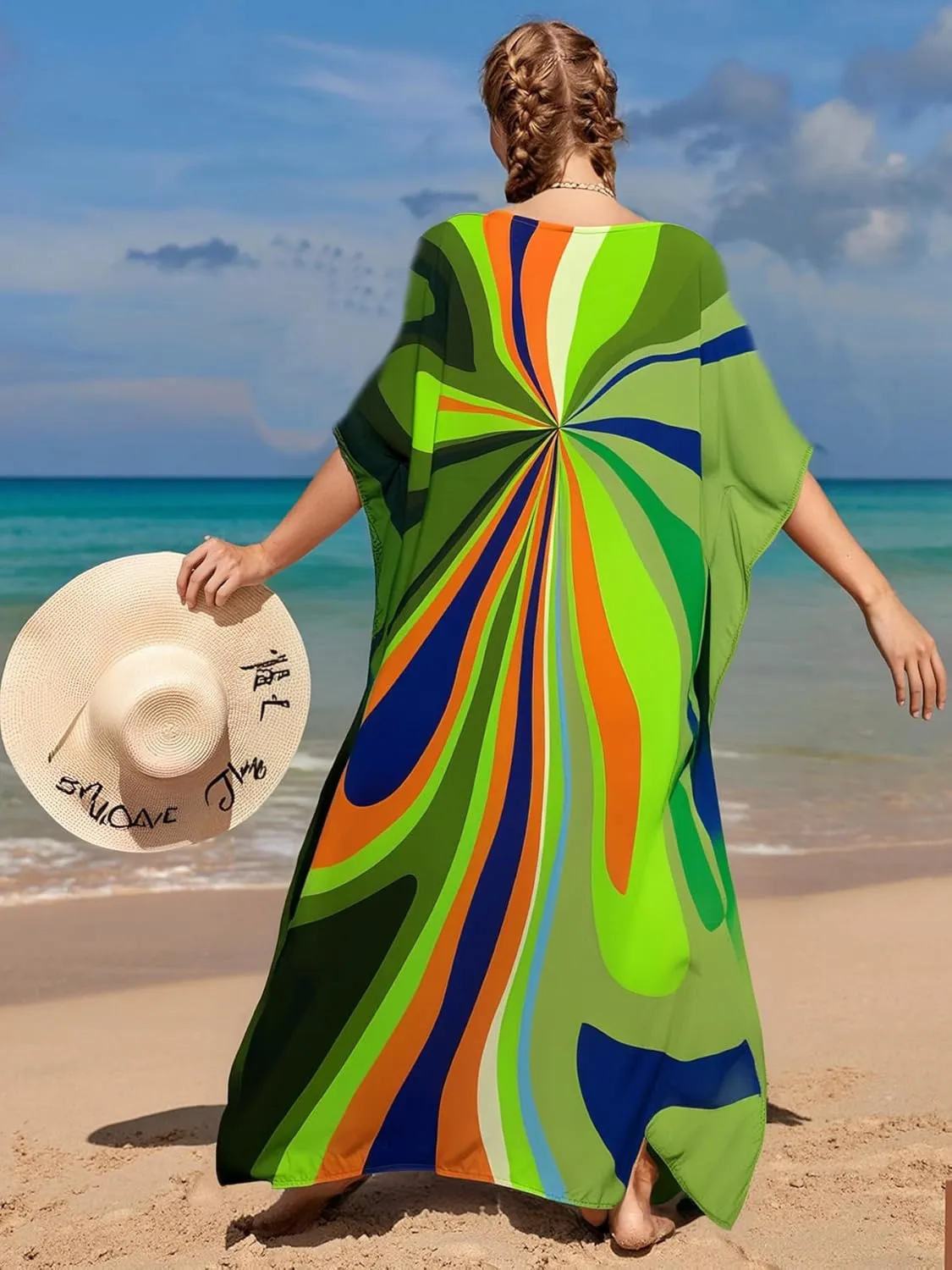 Irregularly Print Women's Kaftan Dresses V-Neck Beach Swimwear Cover Up Caftans Boho Rainbow Stripe Caftan