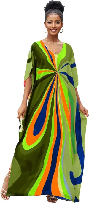 Irregularly Print Women's Kaftan Dresses V-Neck Beach Swimwear Cover Up Caftans Boho Rainbow Stripe Caftan