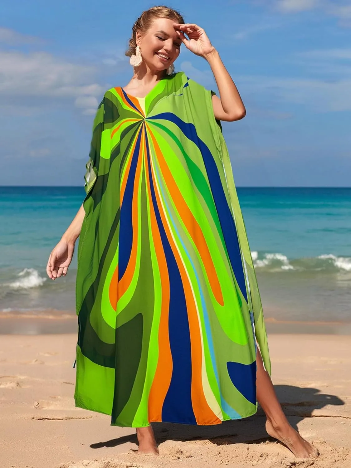 Irregularly Print Women's Kaftan Dresses V-Neck Beach Swimwear Cover Up Caftans Boho Rainbow Stripe Caftan