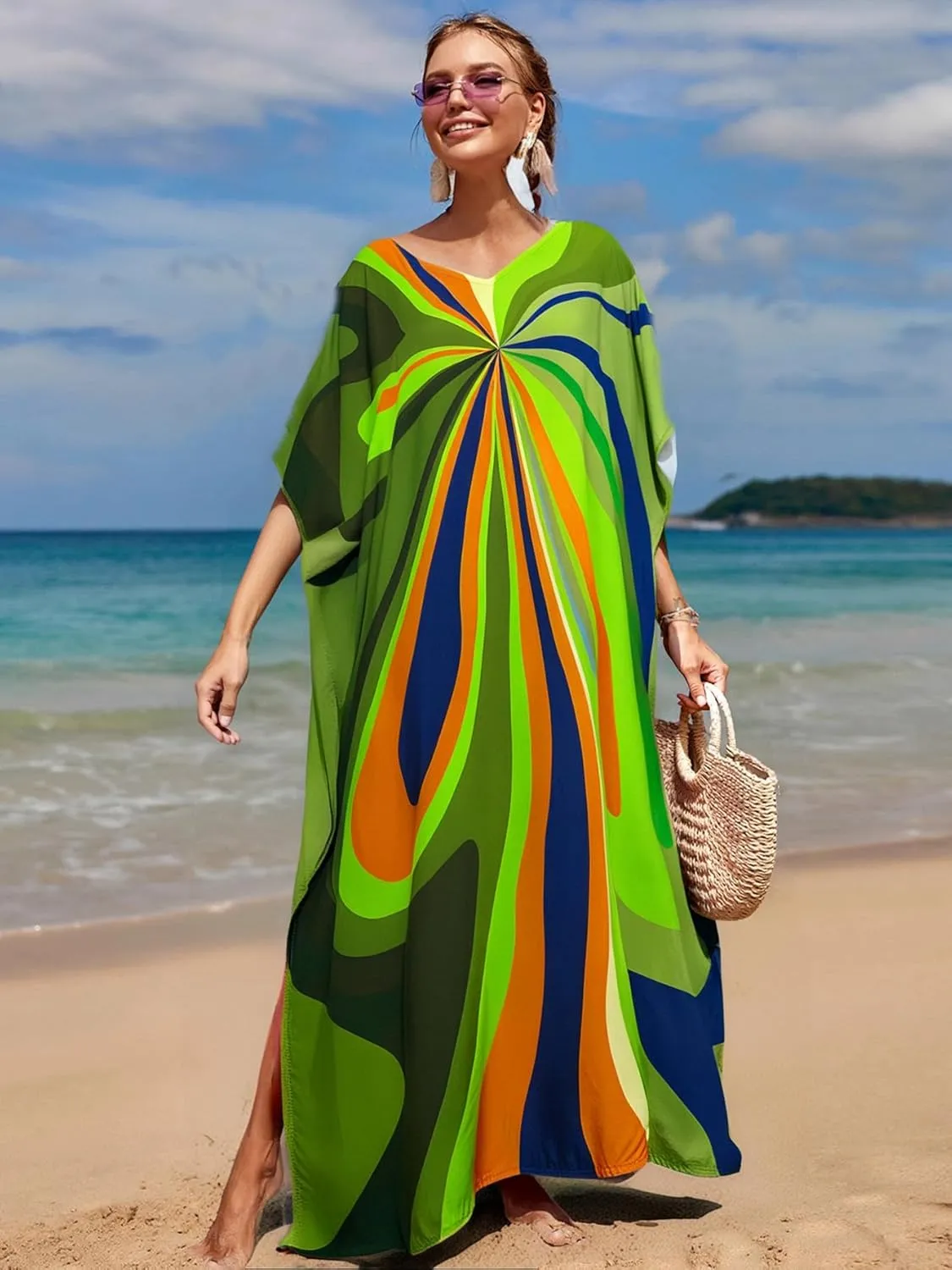 Irregularly Print Women's Kaftan Dresses V-Neck Beach Swimwear Cover Up Caftans Boho Rainbow Stripe Caftan