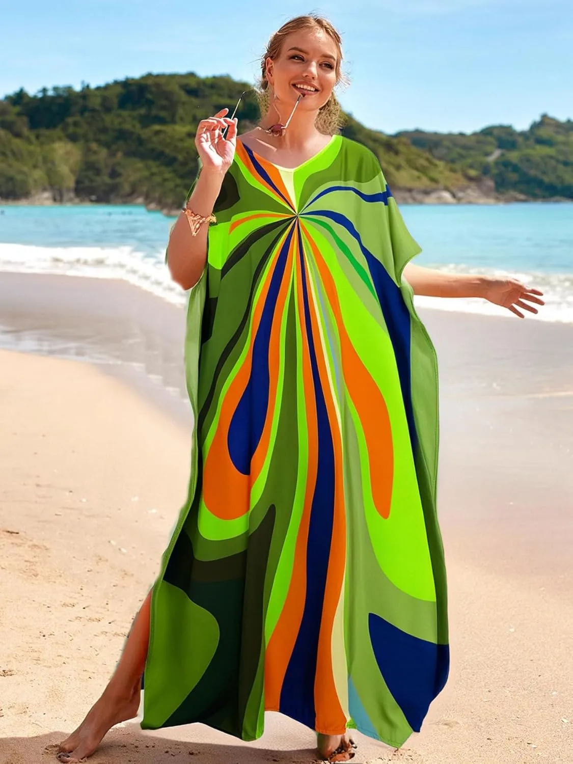Irregularly Print Women's Kaftan Dresses V-Neck Beach Swimwear Cover Up Caftans Boho Rainbow Stripe Caftan