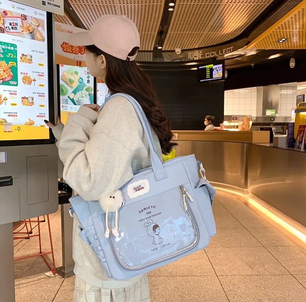 Ita Bag Kawaii Pin Display Bag with Plush Pendent Womens Crossbody Messenger Bag Girls Shoulder Tote Purse Y2K Handbag