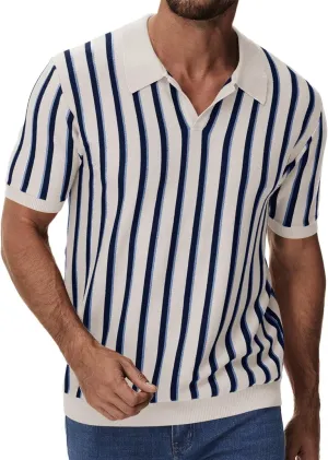 iWoo Men's Knit Polo Shirts Short Sleeve Vintage Striped Casual Golf Polo Classic Collared T Shirt