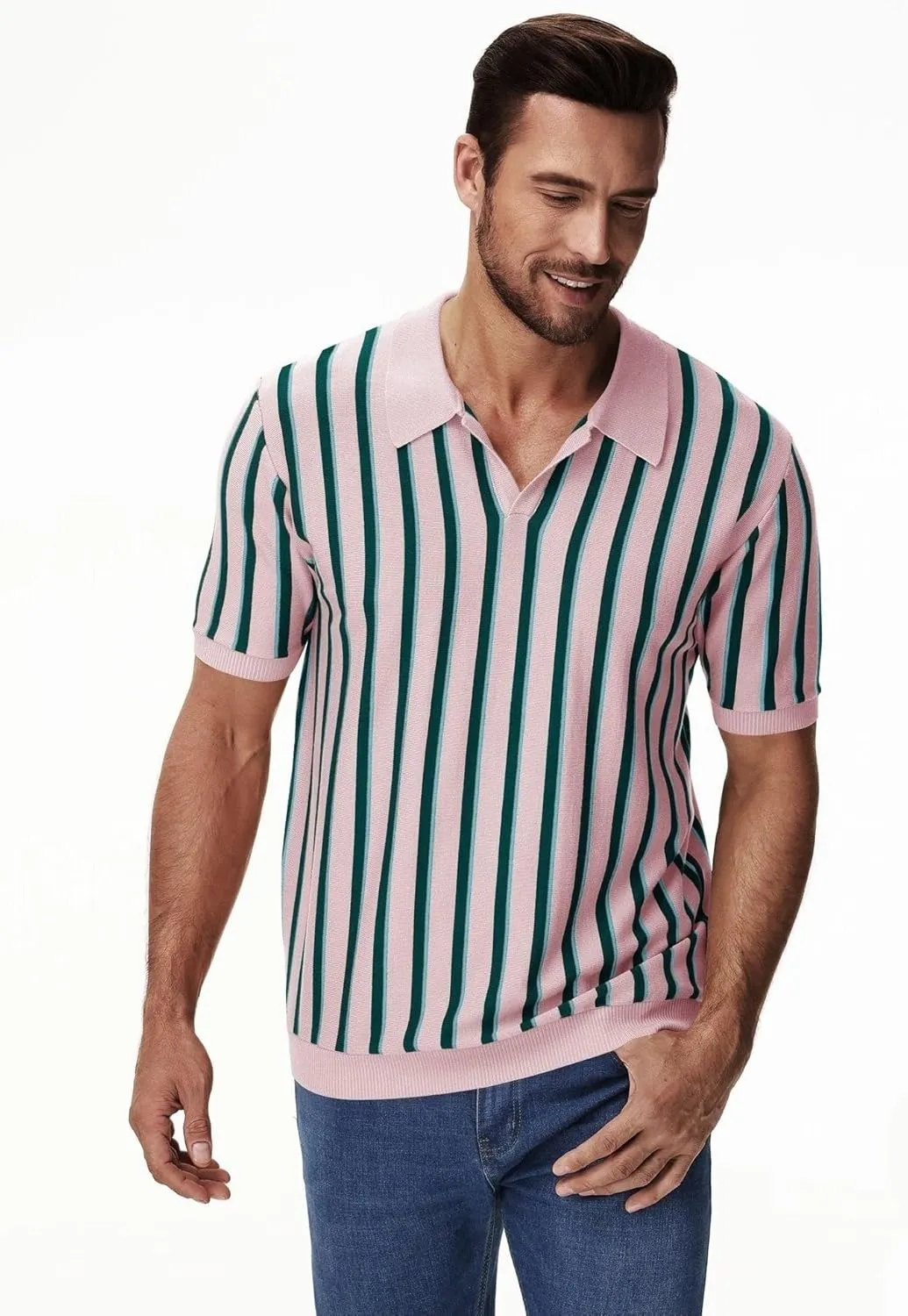 iWoo Men's Knit Polo Shirts Short Sleeve Vintage Striped Casual Golf Polo Classic Collared T Shirt