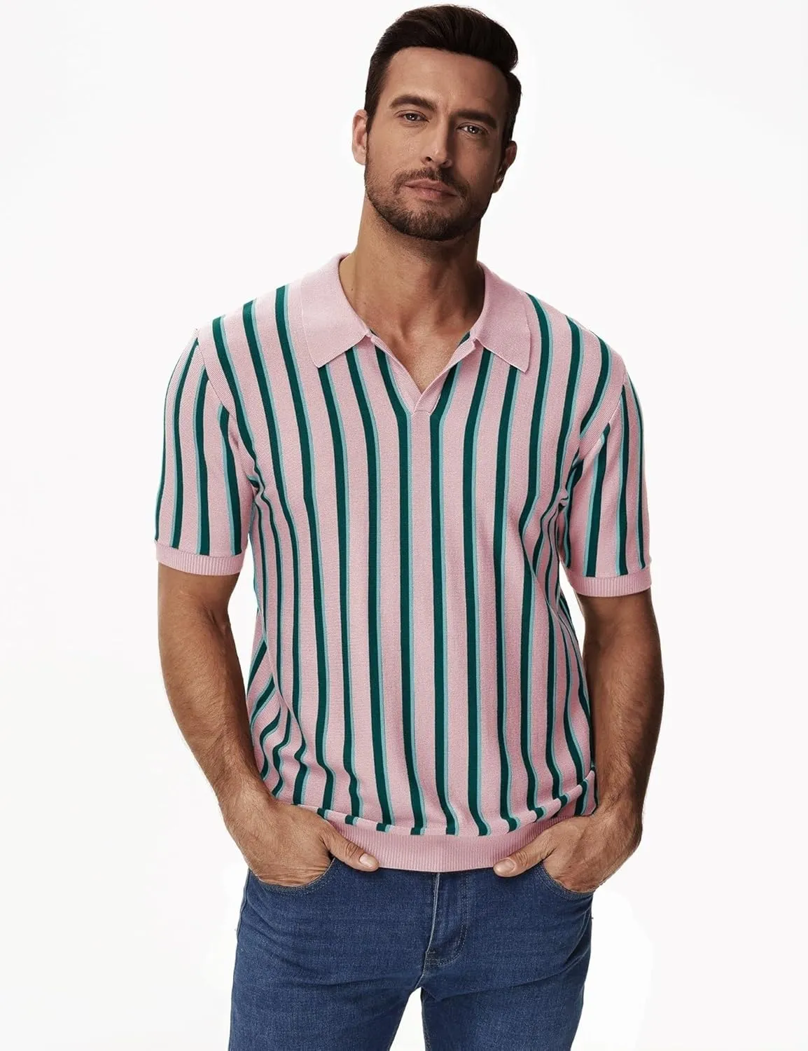 iWoo Men's Knit Polo Shirts Short Sleeve Vintage Striped Casual Golf Polo Classic Collared T Shirt