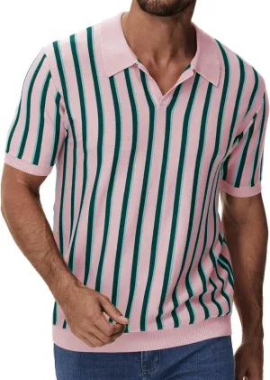 iWoo Men's Knit Polo Shirts Short Sleeve Vintage Striped Casual Golf Polo Classic Collared T Shirt