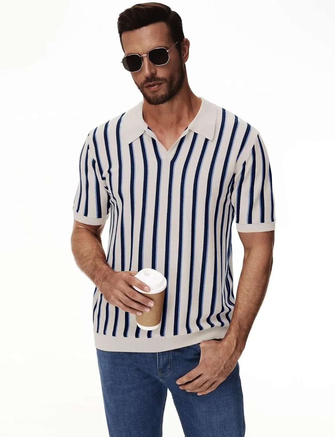 iWoo Men's Knit Polo Shirts Short Sleeve Vintage Striped Casual Golf Polo Classic Collared T Shirt