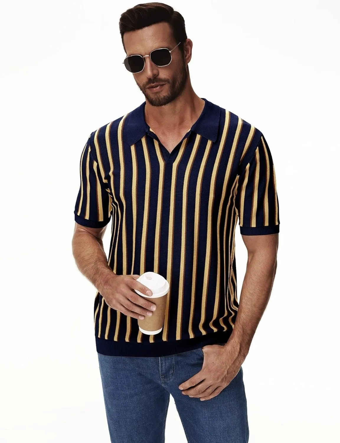 iWoo Men's Knit Polo Shirts Short Sleeve Vintage Striped Casual Golf Polo Classic Collared T Shirt