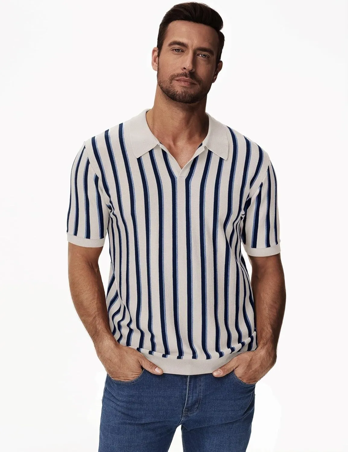 iWoo Men's Knit Polo Shirts Short Sleeve Vintage Striped Casual Golf Polo Classic Collared T Shirt