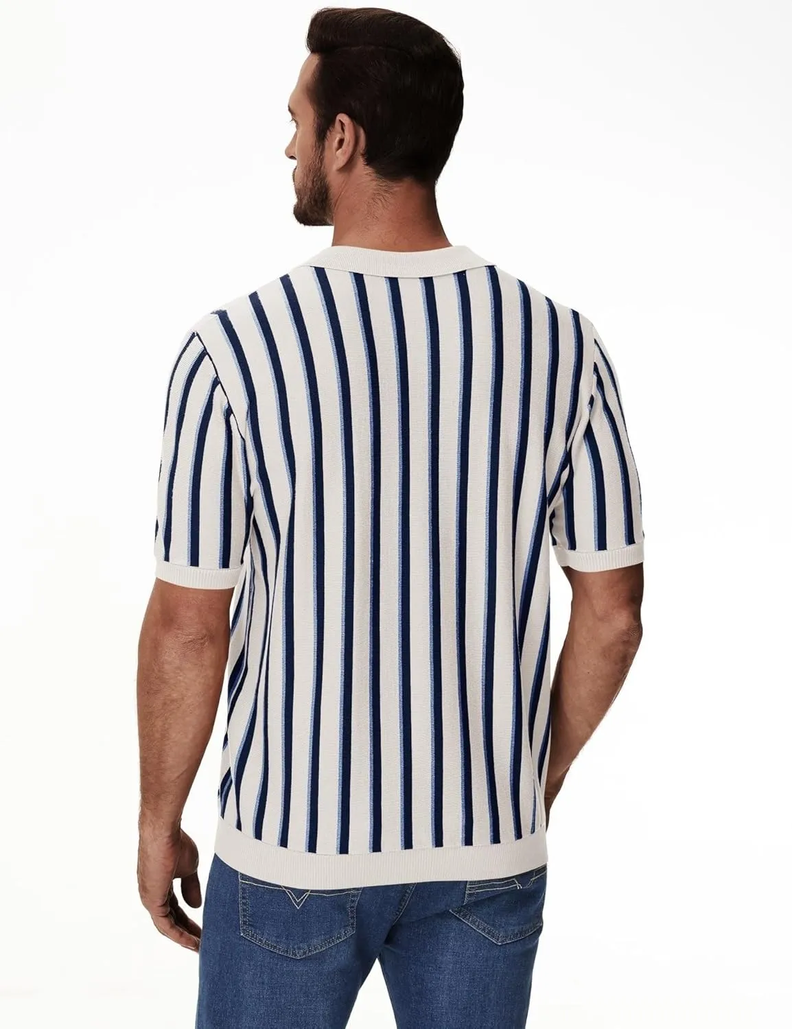 iWoo Men's Knit Polo Shirts Short Sleeve Vintage Striped Casual Golf Polo Classic Collared T Shirt