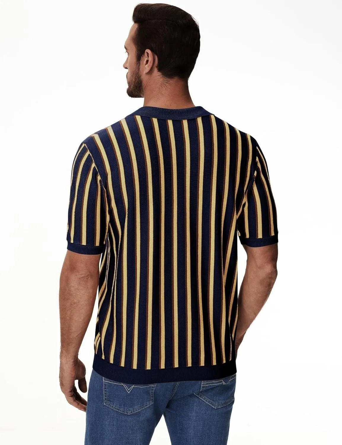 iWoo Men's Knit Polo Shirts Short Sleeve Vintage Striped Casual Golf Polo Classic Collared T Shirt