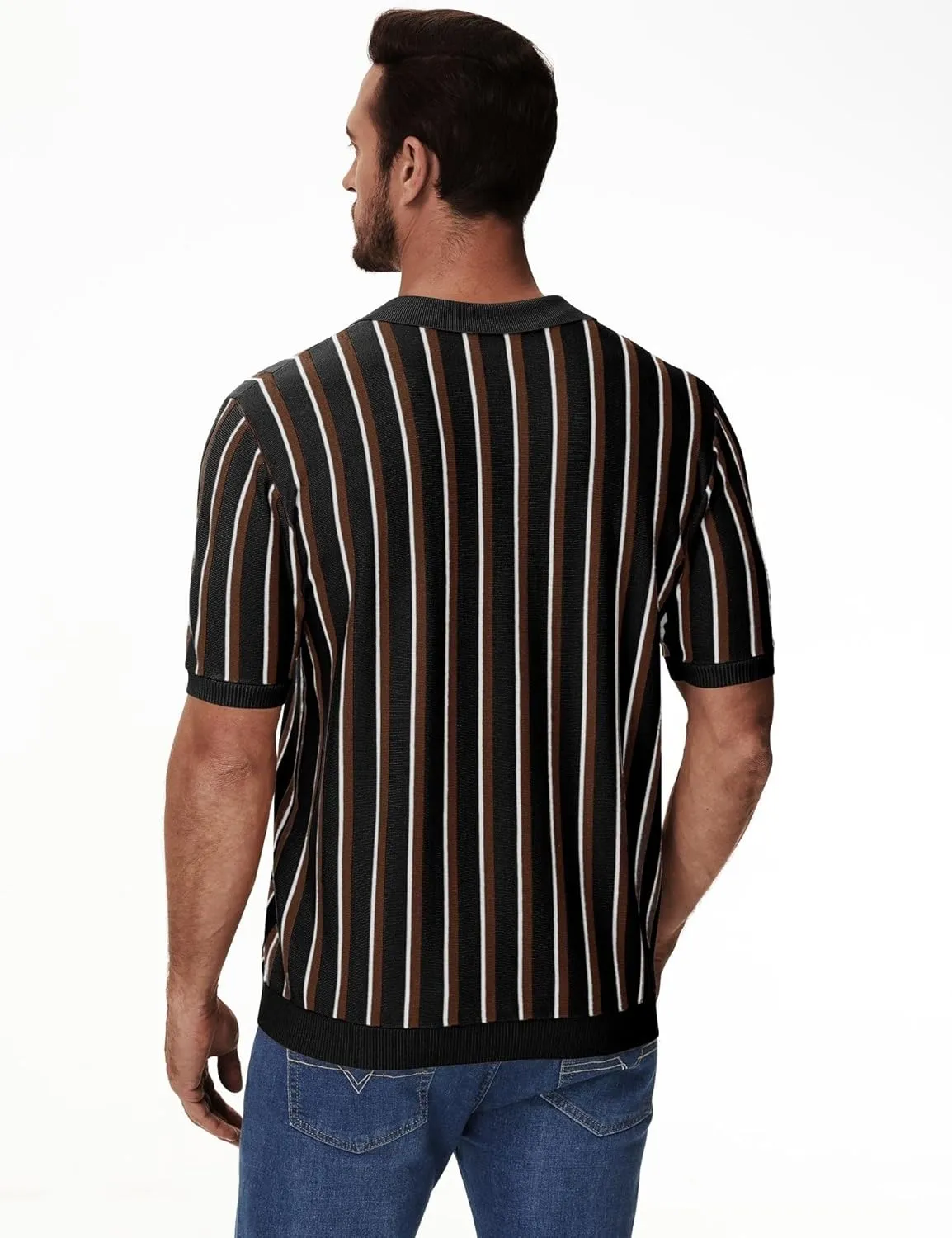 iWoo Men's Knit Polo Shirts Short Sleeve Vintage Striped Casual Golf Polo Classic Collared T Shirt
