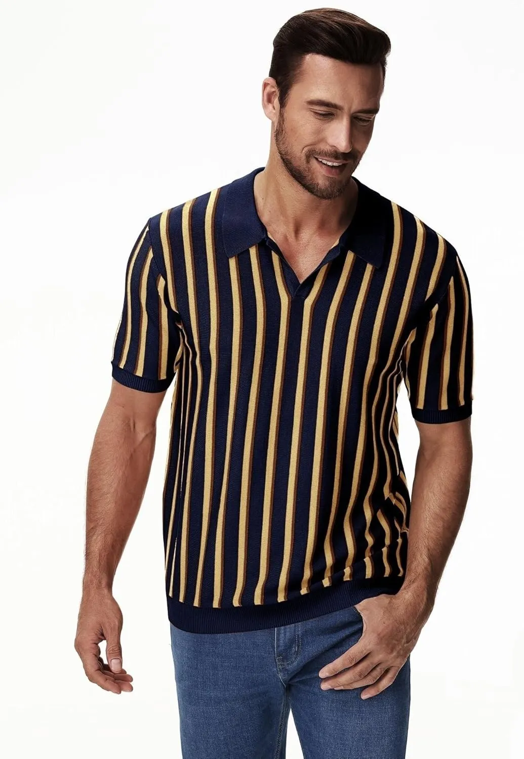 iWoo Men's Knit Polo Shirts Short Sleeve Vintage Striped Casual Golf Polo Classic Collared T Shirt