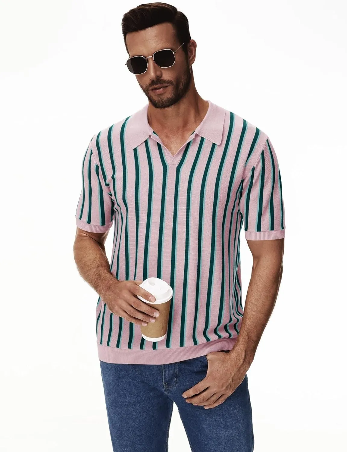 iWoo Men's Knit Polo Shirts Short Sleeve Vintage Striped Casual Golf Polo Classic Collared T Shirt