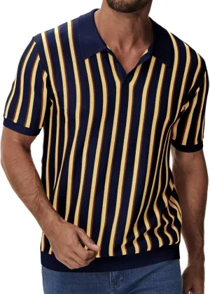 iWoo Men's Knit Polo Shirts Short Sleeve Vintage Striped Casual Golf Polo Classic Collared T Shirt