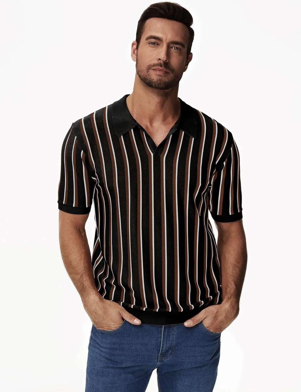 iWoo Men's Knit Polo Shirts Short Sleeve Vintage Striped Casual Golf Polo Classic Collared T Shirt