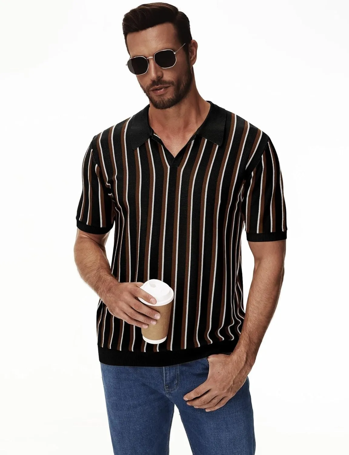 iWoo Men's Knit Polo Shirts Short Sleeve Vintage Striped Casual Golf Polo Classic Collared T Shirt