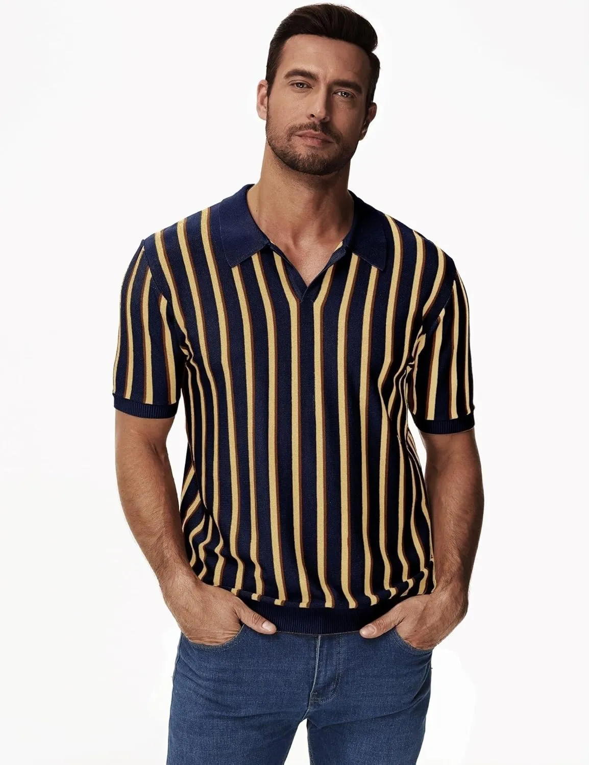 iWoo Men's Knit Polo Shirts Short Sleeve Vintage Striped Casual Golf Polo Classic Collared T Shirt