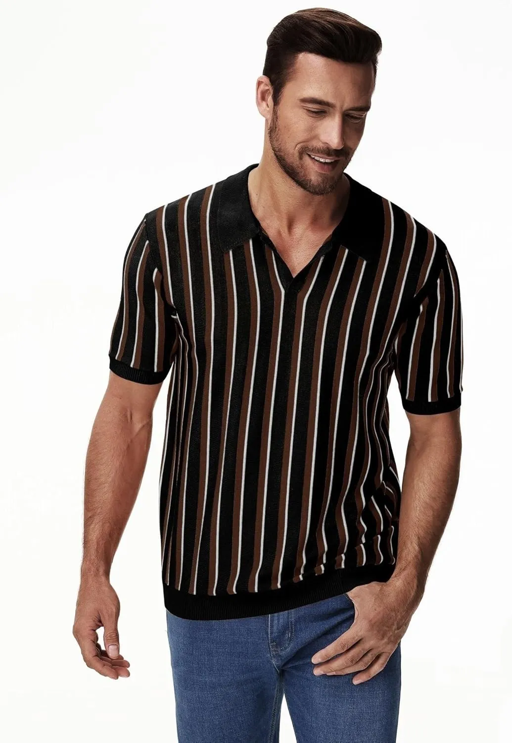 iWoo Men's Knit Polo Shirts Short Sleeve Vintage Striped Casual Golf Polo Classic Collared T Shirt